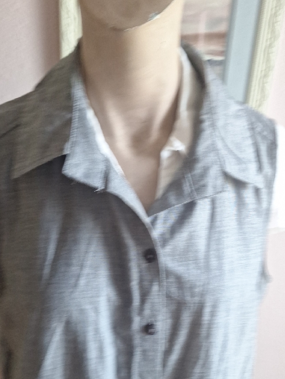 Button-Front Sleeveless Dress ,Lace Hem Pockets - Gray - Picture 4 of 15